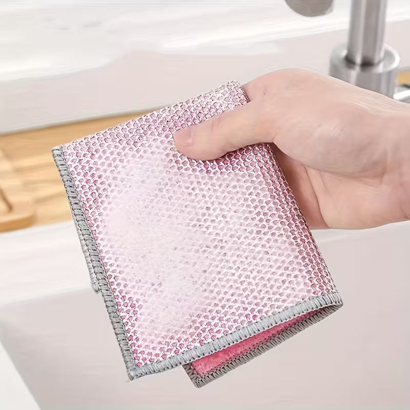 Double-sided silver-thread coconut fiber cleaning cloth, steel wire dishcloth, reusable.