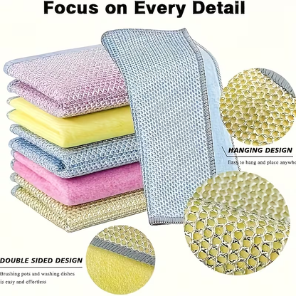 Double-sided silver-thread coconut fiber cleaning cloth, steel wire dishcloth, reusable.
