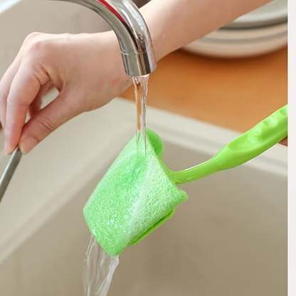 Dishwashing brush that won't scratch sponges, with an ergonomic handle.