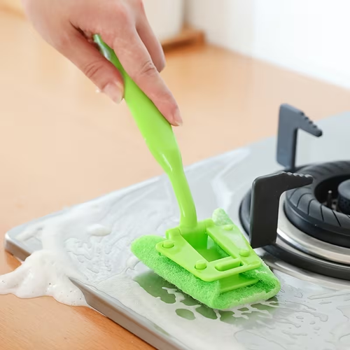 Dishwashing brush that won't scratch sponges, with an ergonomic handle.