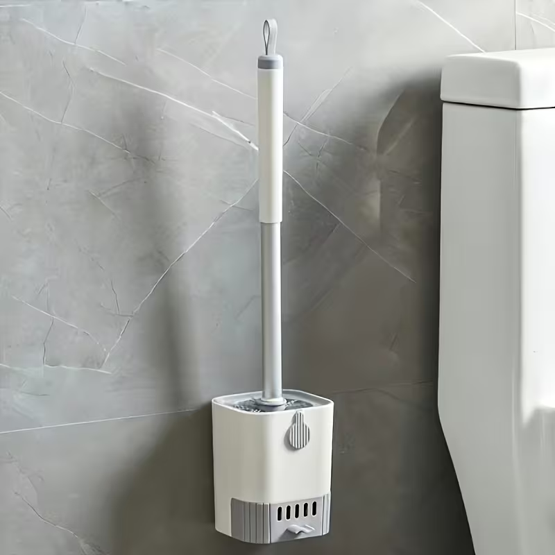 Wall-mounted long-handled toilet brush set