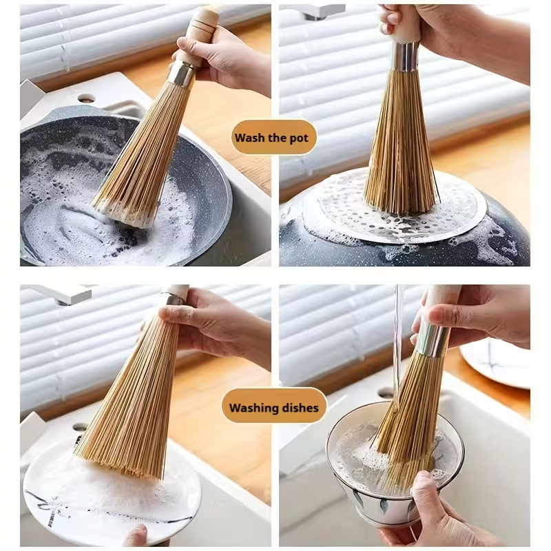 Natural bamboo pot brush - handheld kitchen cleaning brush