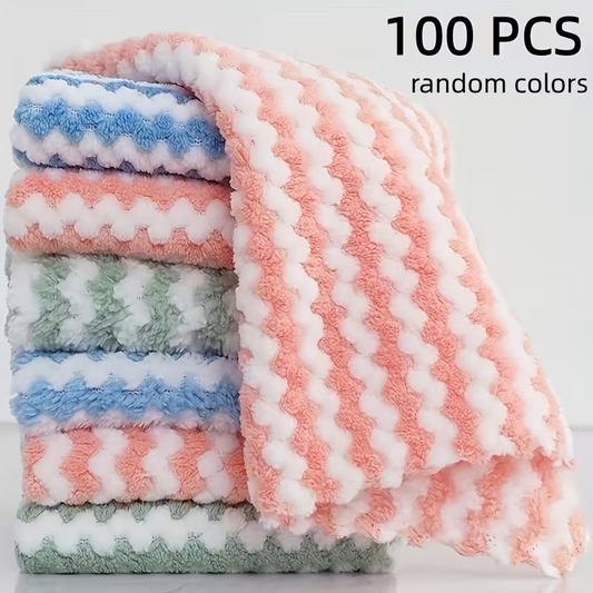 100 colorful coral fleece cleaning cloths, made of soft and absorbent PET material