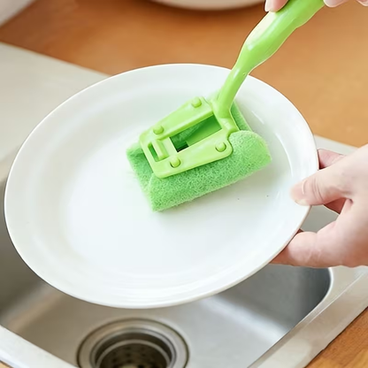 Dishwashing brush that won't scratch sponges, with an ergonomic handle.
