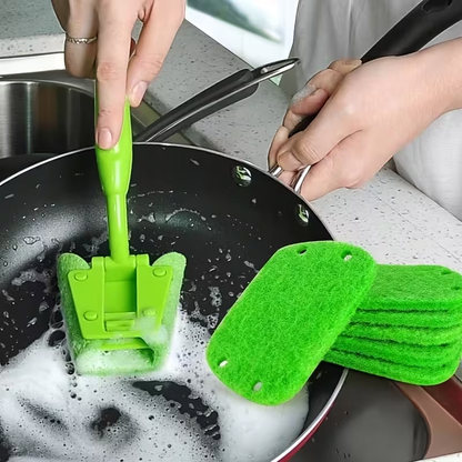 Dishwashing brush that won't scratch sponges, with an ergonomic handle.